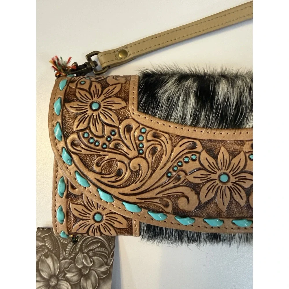 NWT Myra Bag Exclusive Hand Tooled Leather Cowhide Wristlet Wallet Turquoise